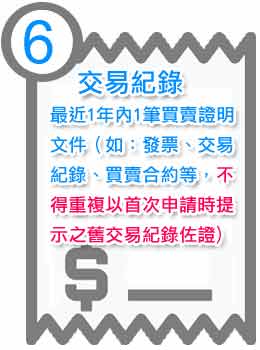 應備資料最近1年內1筆買賣相關證明文件（如：發票、交易紀錄、買賣合約等，不得重複以首次申請時提示之舊交易紀錄佐證)