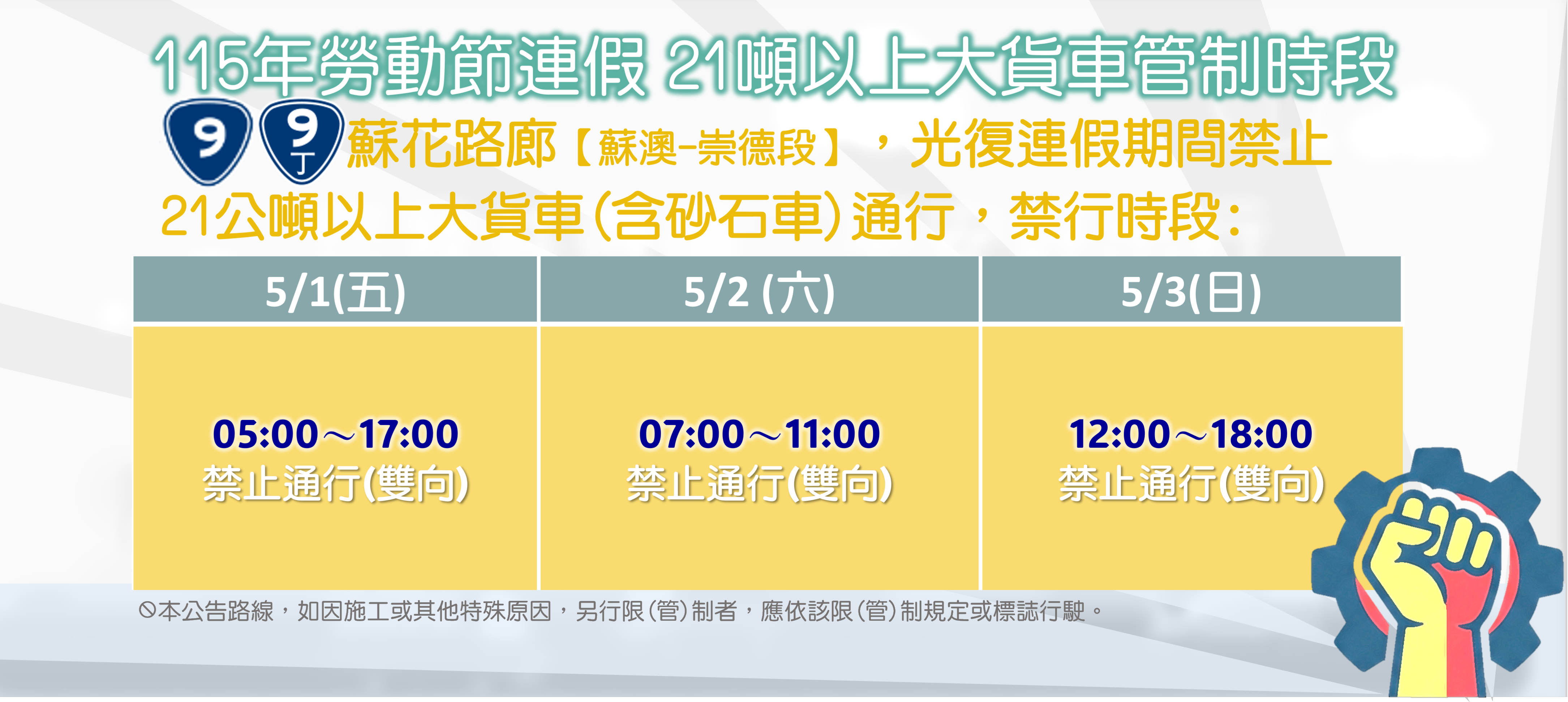 115年勞動節連假21噸以上大貨車管制時段