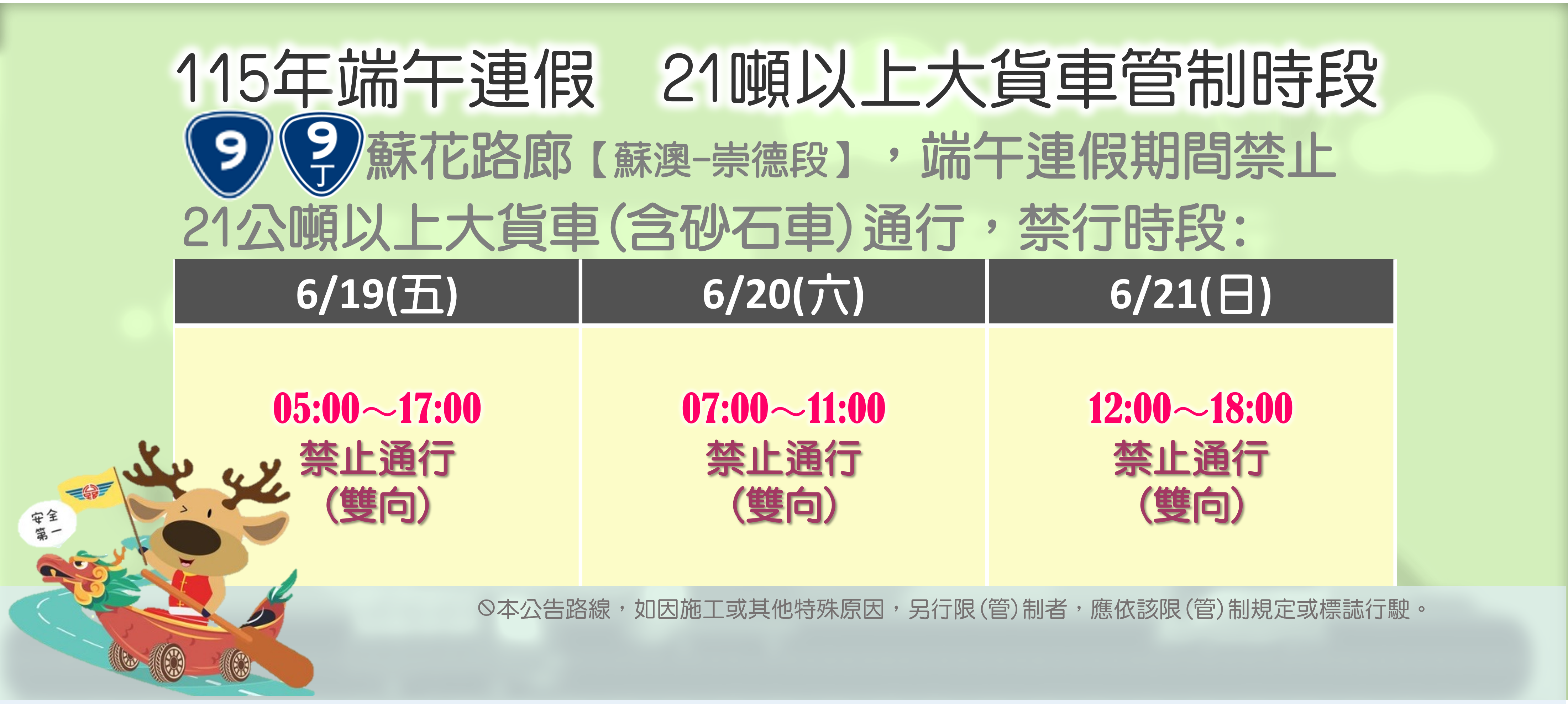 115年端午連假21噸以上大貨車管制時段